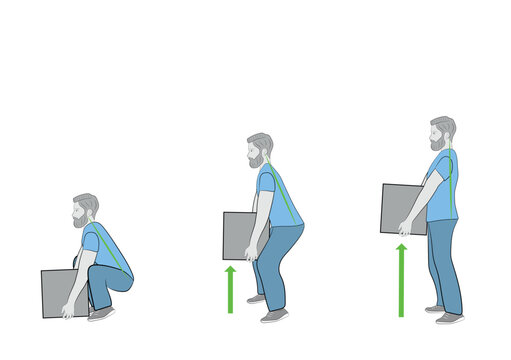 Correct posture to lift a heavy object safely. Illustration of health care. vector illustration 