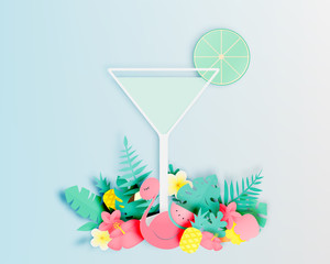 Tropical floral with flamingo and cocktail in paper art style and pastel color scheme