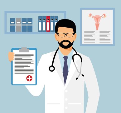 doctor in glasses with a sheet of assignment in his hand. gynecologist in office vector illustration. Medical doctor with stethoscope