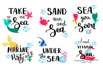 Summer lettering. Set hand drawn icons, signs and banners. Bright summertime poster. Collection Summer hand drawn elements for summer holiday and party. Summer Typographic. Vector illustration.