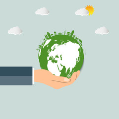 The world in your hands ecology concept.Green cities help the world with eco-friendly concept idea.with globe and tree background.vector illustration