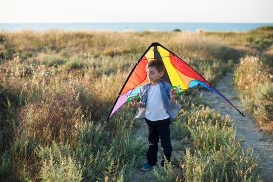 dreamy cute little kid with colorful kite behind his back standing in field on sea horizon background