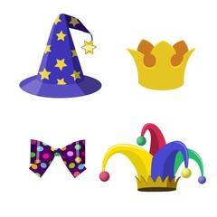Cartoon vector fun headdresses. Magician hat, Joker cap, crown, bow. Set