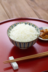 gohan, cooked white rice with pickled radish
