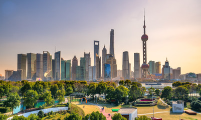 Shanghai city skyline, view of the skyscrapers of Pudong and Waibaidu bridge from huangpu River. China.