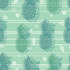 Vintage tribal mint green pineapples vector background seamless repeat pattern. Summer colorful tropical textile print.
