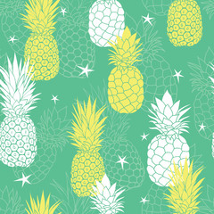 Vector mint green and yellow pineapples and stars summer tropical seamless pattern background. Great as a textile print, party invitation or packaging.