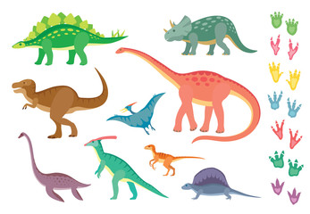 Set van kleurrijke dinosaurussen en voetafdrukken, geïsoleerd op wite achtergrond.
