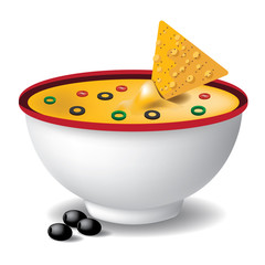 White bowl filled with nacho cheese with chip dipping in. EPS10 vector illustration.