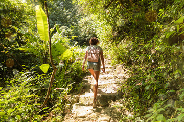 Young woman on trekking trail tropical rain forest