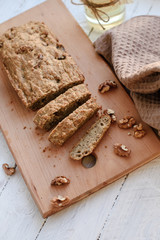 Flat lay homemade dietary bread in rustic style.