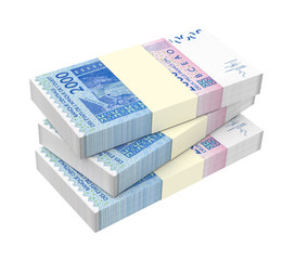 West African CFA francs bills isolated on white with clipping path. 3D illustration.