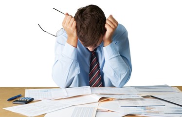 Tired businessman with documents isolated on white background