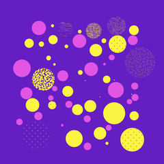 Background with circles, dots and points of different scale. Abstract geometric pattern. Violet, yellow, pink color.  