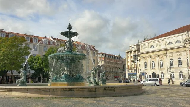 Video of fountain on the Rossio Square in Lisbon, Portugal in 4K
