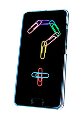 Concept. On white black smartphone background. The screen shows a question mark symbol made of multi-colored paper clips.