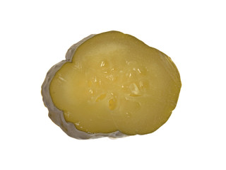 a piece of pickled cucumber on a white background