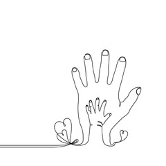 Continuous line drawing of a baby child hand on the parents hand, simple single line draw metaphor of the happy family, adult and youth, fathers love or a new generation