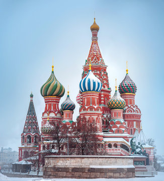 St. Basil's Cathedral in Moscow covered by snow.