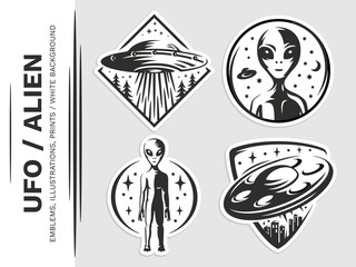 UFO / Aliens emblem, vector illustration, print, sticker, patches, badges set on a white background.	