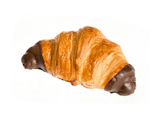Gourmet french pastry rolled croissant with chocolate dipped edges. Glazed baked goods isolated on white background