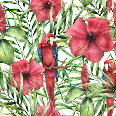 Watercolor tropical pattern with parrot. Hand painted hibiskus with palm leaves isolated on white background. Botanical ornament for design, print, fabric. © yuliya_derbisheva