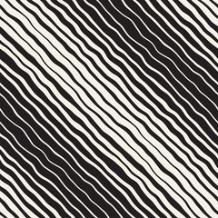 Vector seamless black and white hand drawn diagonal wavy lines pattern. Abstract freehand background design