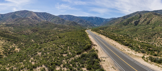 Panorama drone photograph of Mojave desert wilderness in the foothills of the San Gabriel Mountains.
