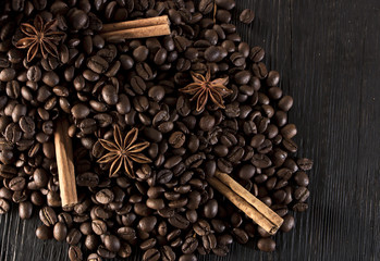 clay cup with coffee on the background of grains