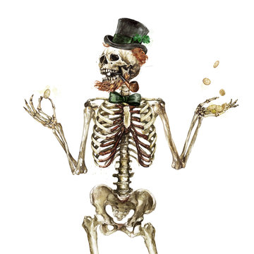 Leprechaun Skeleton. Watercolor Illustration
