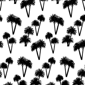 Black palm trees isolated on white background. Vector seamless pattern.
