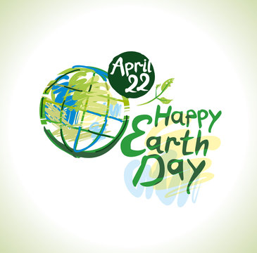 Happy Earth Day hand lettering template. April 22. Painted planet on and handwritten words. Vector Earth day illustration.
