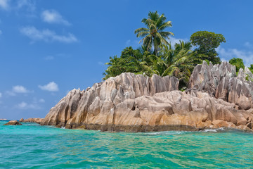 Fototapeta premium Piękna tropikalna wyspa St. Pierre z palmami i granitowymi skałami, Seszele