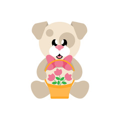 cartoon cute dog sitting with tie and basket with flowers