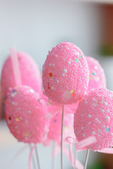 Pink easter eggs on a sticks over the bright background.