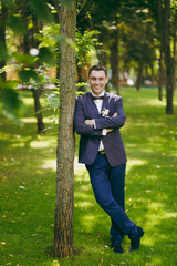 Beautiful wedding photosession. Handsome smiling groom in blue formal suit, white shirt, bow tie and boutonniere of flowers and ribbons near tree on a wedding walk in the big green park on sunny day