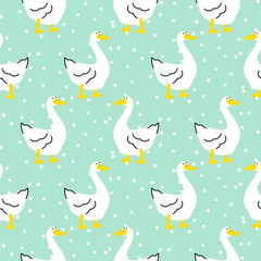 Seamless pattern with a cute goose cartoon bird.