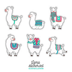 Funny lama patches. Cartoon lama character vector illustration. © vivali