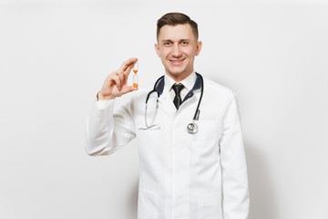 Smiling handsome young doctor man isolated on white background. Male doctor in medical uniform, stethoscope holding hourglass. Healthcare personnel, health, medicine concept. Time is running out.