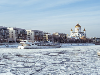 europe street frozen iced river in moscow on a winter day