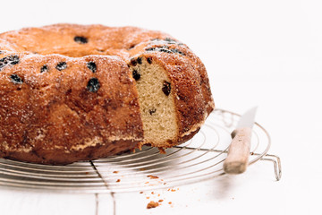 Traditional German or Austrian Gugelhupf or Kouglof from Alsace, France, a round bundt cake with raisins made of brioche yeast sponge or sweet bread dough and dusted with sugar
