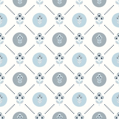 Scandinavian floral background, mid century wallpaper, seamless abstract pattern, Blue, silver grey and white colors. 