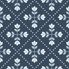 Fototapeta na wymiar Scandinavian floral background, mid century wallpaper, seamless abstract pattern, Blue, silver grey and white colors. 