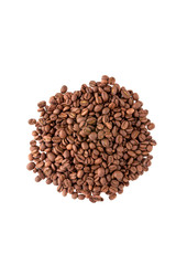Coffee grains scattered over the surface. A bunch of roasted coffee beans close-up.