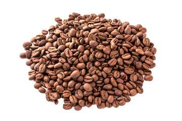 Coffee grains scattered over the surface. A bunch of roasted coffee beans close-up.