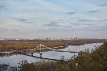 Kiev City, landscape, view of the bridge from above. Beautiful views of the Dnipro River