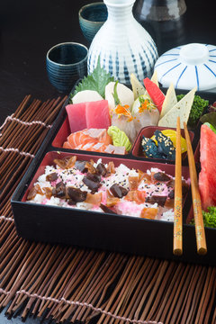 japanese cuisine. lunch box set on the background