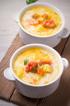 Salmon soup. Two bowls of creamy salmon fish soup. Clean eating, healthy and diet food concept