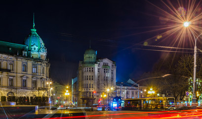Fototapeta premium Scenic night Lviv cityscape architecture on the long exposure