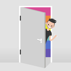 Coming out. Young character peeking out from behind the door. Rainbow background. LGBT. Concept. Flat editable vector illustration, clip art